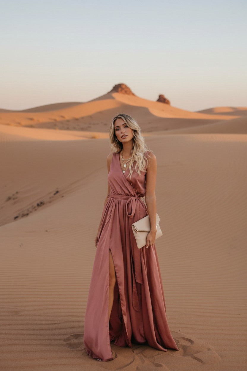Edith | Satin Side-Split Tie-Waist Maxi Dress for Women