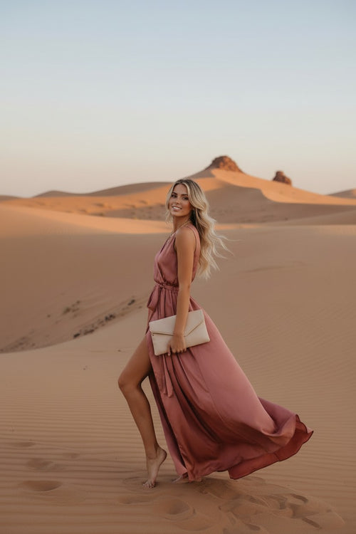 Edith | Satin Side-Split Tie-Waist Maxi Dress for Women