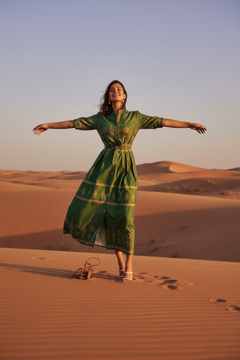 Maya | Boho Print Midi Dress with Self-Tie Waist for Women