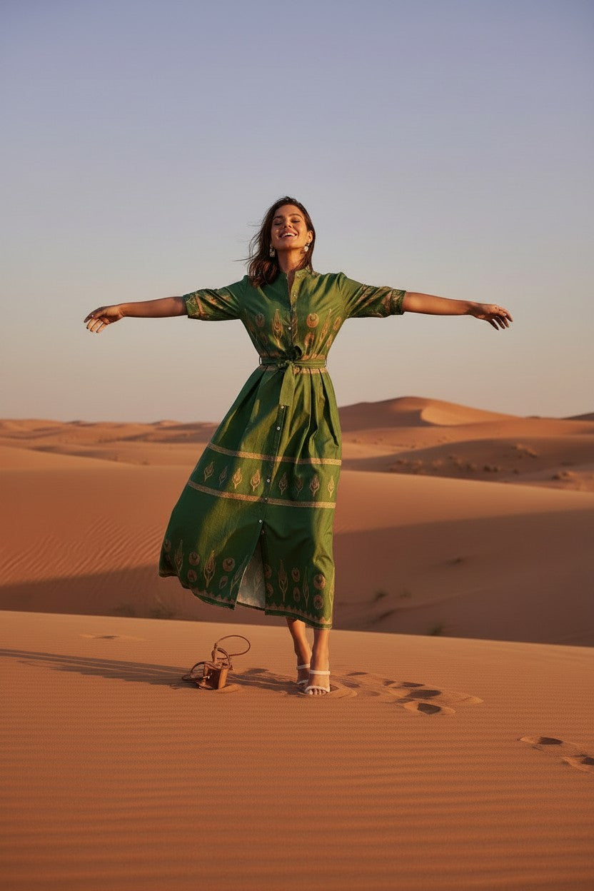 Maya | Boho Print Midi Dress with Self-Tie Waist for Women